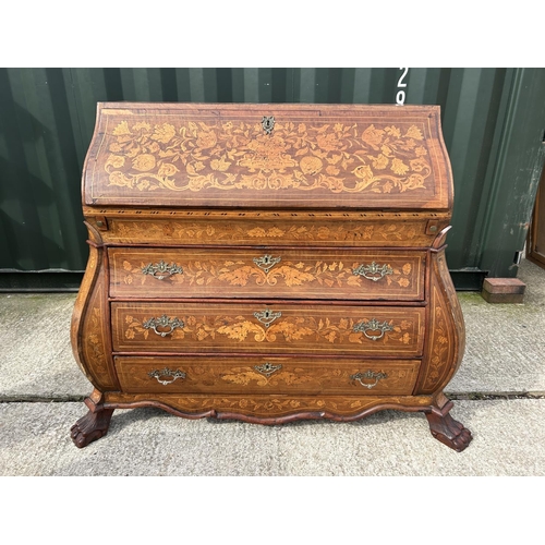 331 - An early Dutch marquetry inlaid bureau with fitted interior writing well and three long drawers rais... 