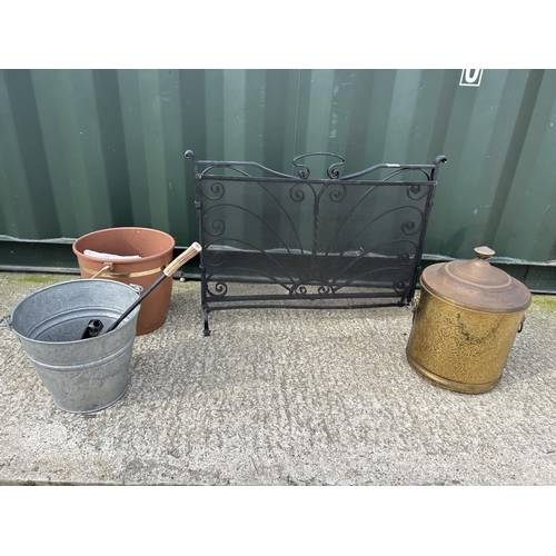 337 - Iron fire guard, brass bucket and two other coal buckets