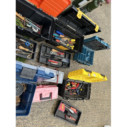 437 - 6 large and two small plastic tool boxes with residue contents