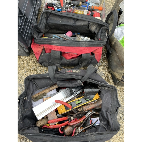 446 - A crate of assorted tools, a tool box with contents and four tool bags with contents