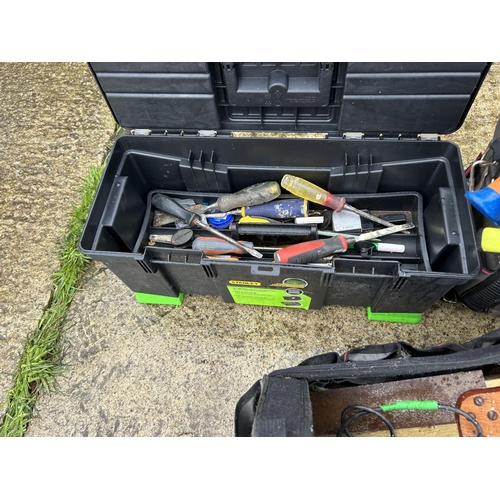 447 - Stanley toolbox with contents together with two Stanley tool bags also with contents