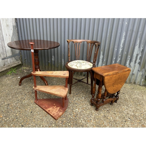 81 - A mahogany tripod table together with a small oak gateleg, library step and a bow back chair