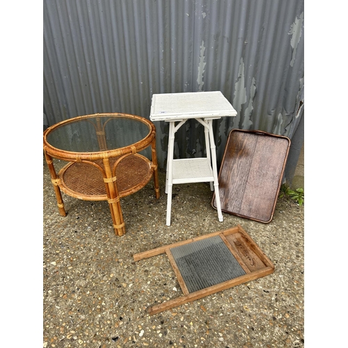 89 - Bamboo circular table together with white painted table, tray and wash board