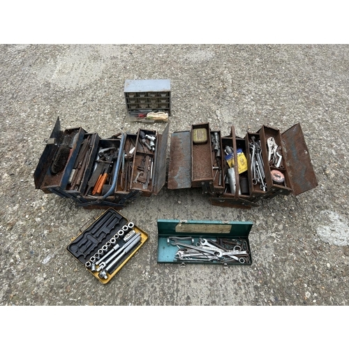 44 - Two metal tool boxes, part socket set, fittings drawers and spanners