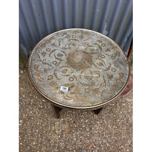 190 - A brass tray top table on folding base together with a copper warming pan