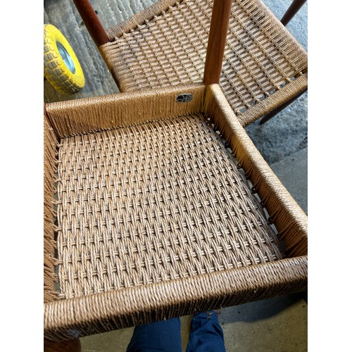 214 - A Danish teak drawer leaf extending dining table 100x100x72 together with three chairs - chairs mark... 