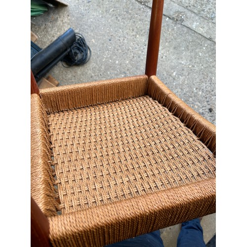 214 - A Danish teak drawer leaf extending dining table 100x100x72 together with three chairs - chairs mark... 