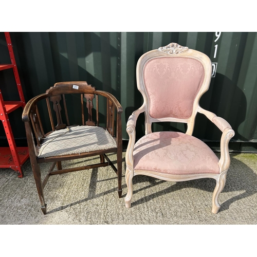 198G - A pink upholstered chair and a bow back Edwardian chair