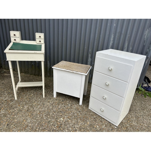 121 - A painted desk, linen box and chest