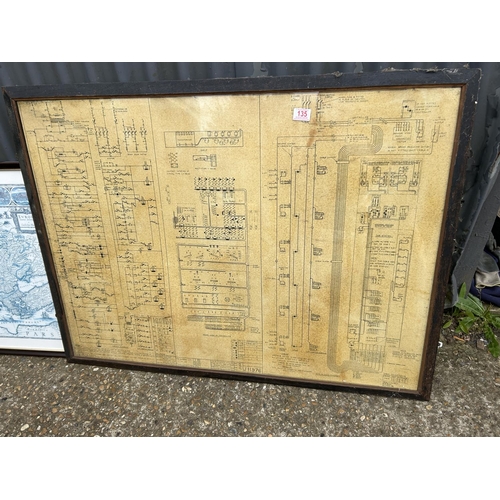 135 - A large framed electrical drawing together with two maps