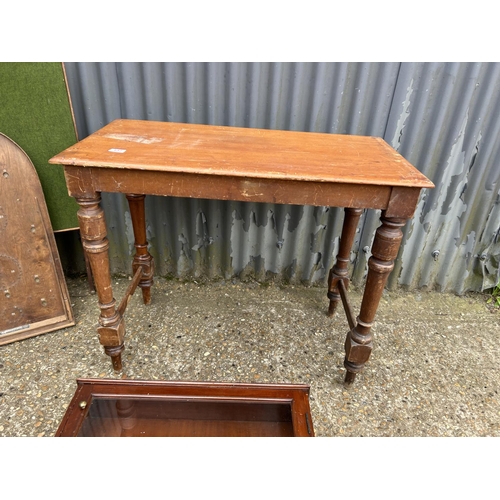 137 - A pine table, mahogany wall cabinet, bagatelle and card table