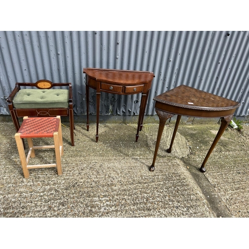 161 - A hall table, corner table, piano stool and another stool