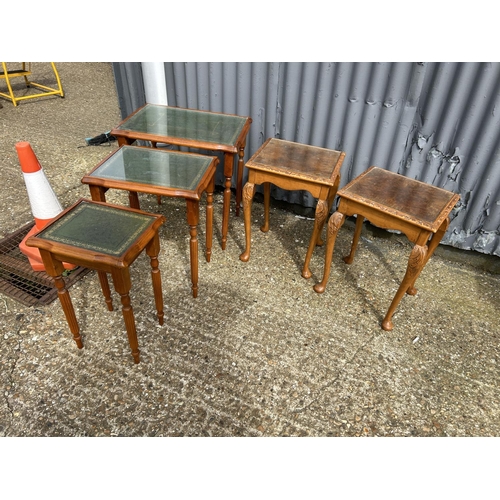 162 - Yew nest of three and two walnut tables