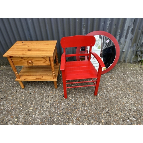 171 - Painted chair, painted mirror and pine bedside