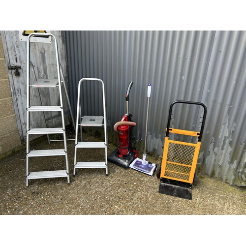 195 - Two pairs of modern aluminium steps, vacuum, sweeper and sack barrow