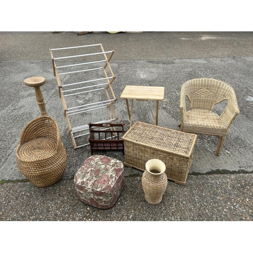 215 - A collection of wicker and small items including chair, ottoman, linen box, airer, plant stand, maga... 