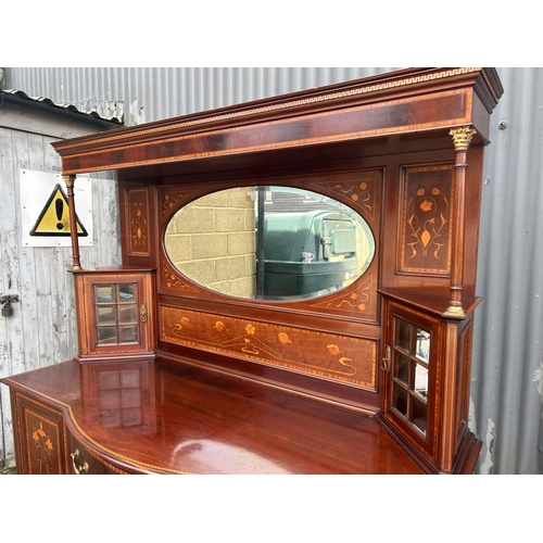 238 - An impressive arts and crafts style mahogany mirror back sideboard with satinwood inlay 170x60x192