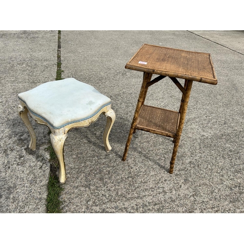 263 - Vintage bamboo table and a painted stool