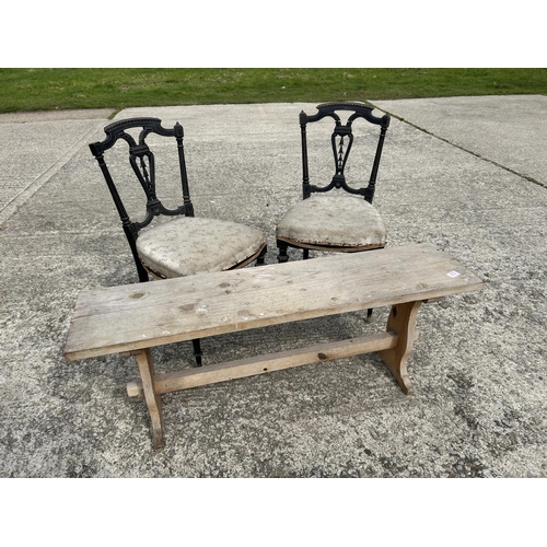 270 - Pine bench and pair of ebonised  chairs