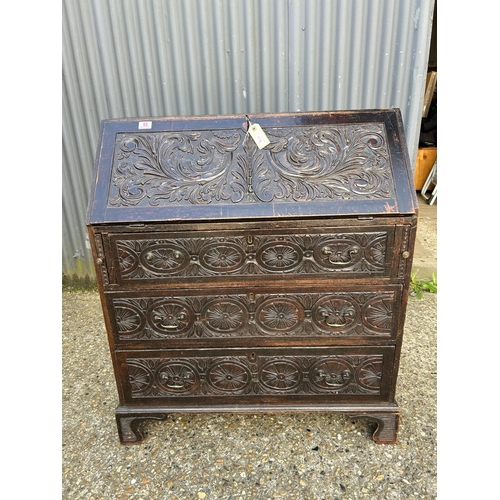 56 - A antique carved oak bureau 92x50x115