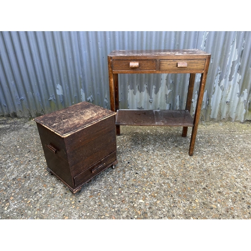 80 - An oak two drawer hall table together with a sewimg box