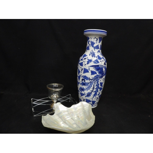 1057 - Tall blue and white vase, height 60 cms, mirrored tray, candle holder and faux shell