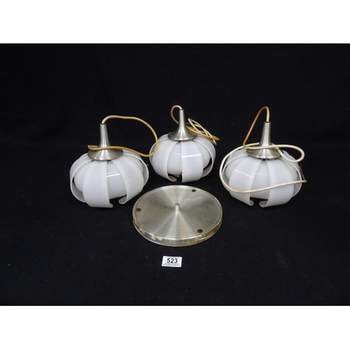 523 - 1970's Perspex and Stainless Steel triple ceiling light fitting, diameter of each shade 22cms