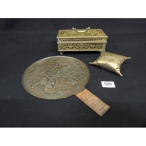 525 - Chinese cast bronze mirror, brass cricket box and cushion box