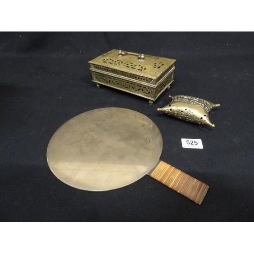 525 - Chinese cast bronze mirror, brass cricket box and cushion box