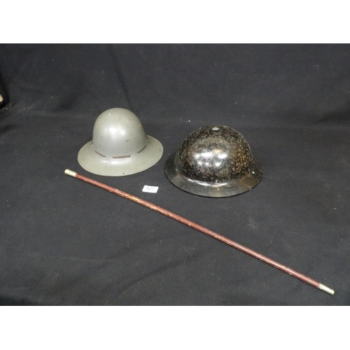 527 - Royal West Kent  Regiment baton, and 2 WW2 helmets