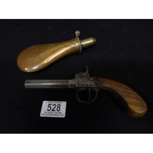 528 - Small antique pistol, length 19cms and copper powder flask