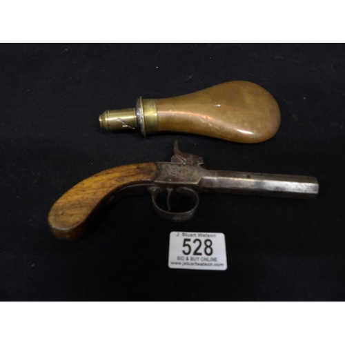 528 - Small antique pistol, length 19cms and copper powder flask