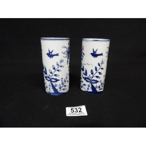 532 - Pair Dresden blue and white cylinder vases, height 13cms