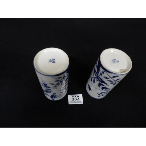 532 - Pair Dresden blue and white cylinder vases, height 13cms