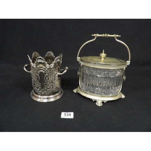 534 - Silver plated biscuit barrel and Syphon stand, height 17cms