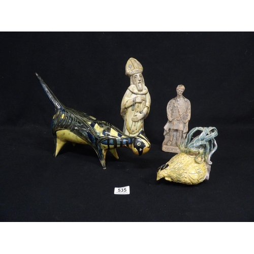 535 - Heavy pottery cat figure(tail repaired), length 40cms, chicken and 2 figures, tallest figure 34cms