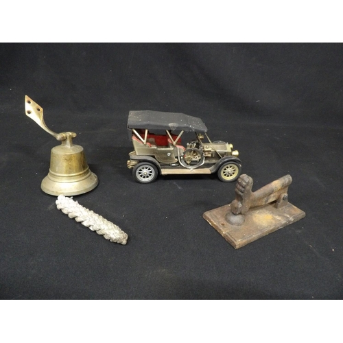 619 - Cast iron boot shaped door knocker, brass bell and vintage car radio (untested)