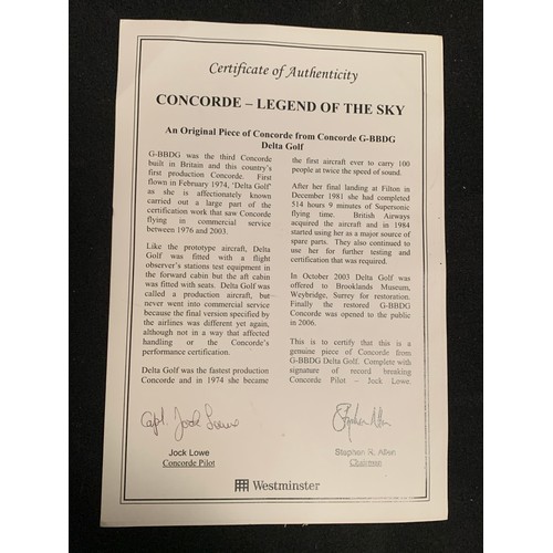 1060 - Framed original piece of Concorde - Legend of the Sky with certificate