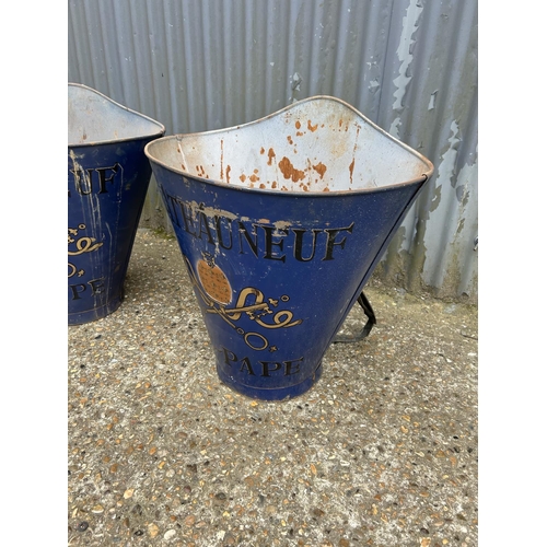 140K - A pair of vintage style French Chateauneuf du Pape blue painted grape harvesting buckets