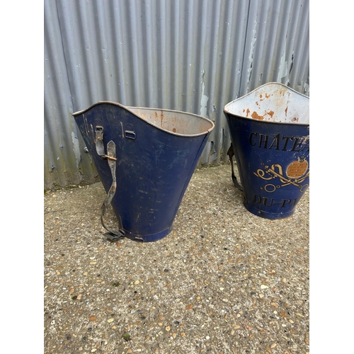 140K - A pair of vintage style French Chateauneuf du Pape blue painted grape harvesting buckets