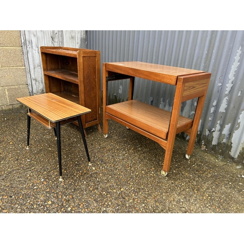 106 - Retro tea trolley, small retro table and an oak bookcase