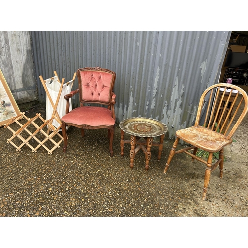 137 - Pink chair, wine rack, brass tray top table