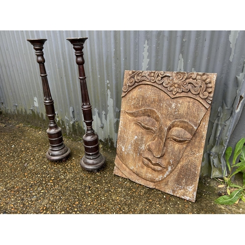 156 - Buddha plaque and two candle stands