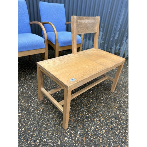 175 - A light oak hall seat together with two light oak framed chairs