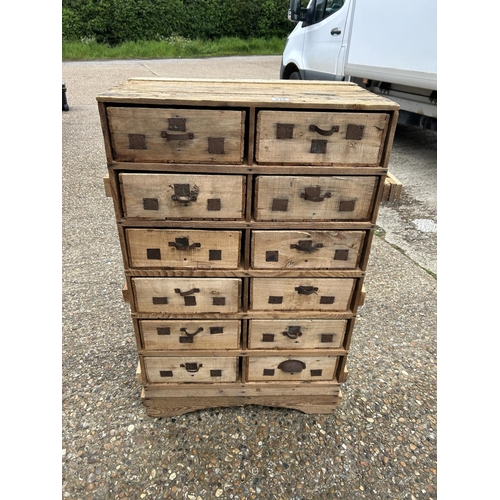 214 - A vintage style  upcycled bank of 12 wooden drawers crafted from fruit crates 67 x40x 135