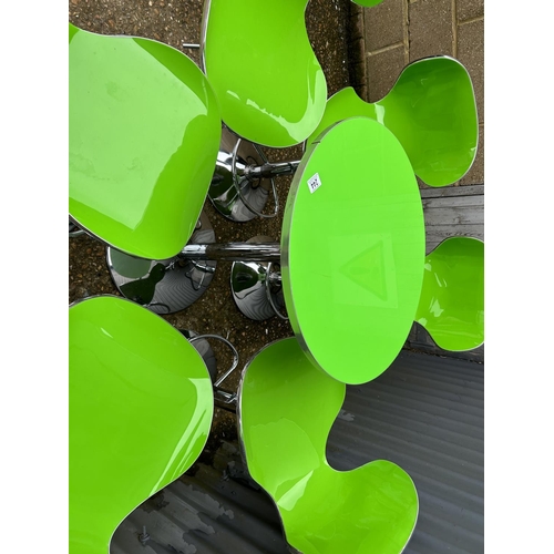 244 - A modern chrome and lime green bistro table with set of six matching chrome and green bar stools