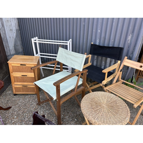 27 - Two directors chairs, folding chair, can table, pine chest, airer, wine table and magazine rack