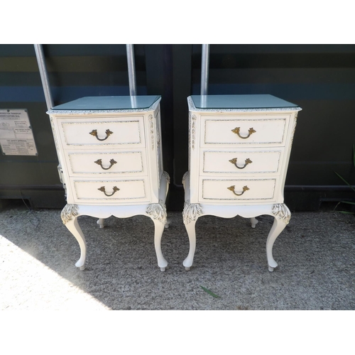 279 - A pair of French style white and gilt three drawer bedsides