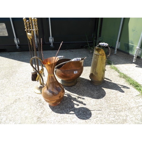 284 - Brass companion set, brass jug, copper jug and copper coal bucket