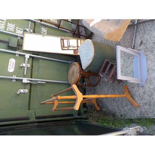 301 - Mixed lot including mirror, stool, whatnot, look box, small swing mirror and bamboo stool